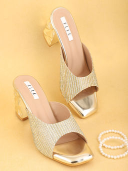 ELLE - Gold Slip On Square Toe Women Sandal Heels