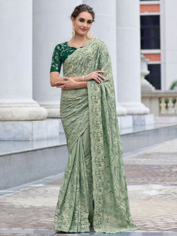 Odette - Light Green Fancy Embroidered Saree with Unstitched Blouse