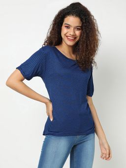 PINACOLADA - Women Blue Stripes Pure Cotton Regular T-Shirt