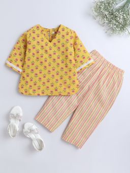 The Magic Wand - Hand Floral Printed Lace Top and Pyjama-Yellow (Set of 2)