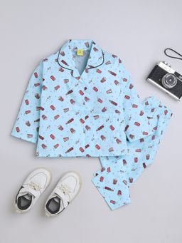 The Magic Wand - Unisex Popcorn Print Shirt and Pyjama-Blue (Set of 2)