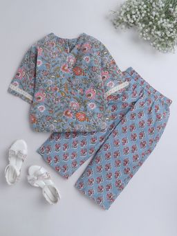 The Magic Wand - Hand Block Printed Lace Top and Pyjama-Grey (Set of 2)