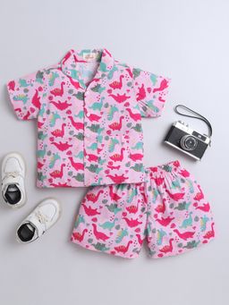 The Magic Wand - Unisex Dinosaur Printed Shirt and Shorts -Pink (Set of 2)