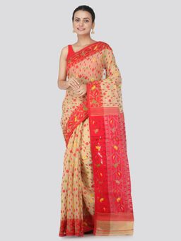 PinkLoom - Women's Soft Cotton Jamdani Saree Without Blouse Piece,Beige