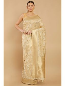 Soch - Women Beige Cotton Embroidered Saree with Stitched Blouse
