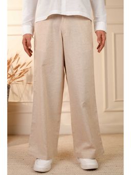 Perch - Natural Grain Beige Solid Linen Cotton Relaxed Fit Pant