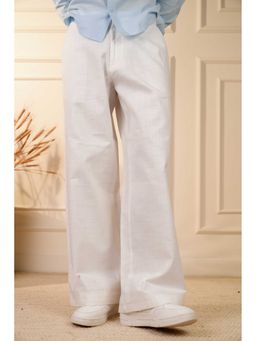 Perch - White Solid Linen Cotton Relaxed Fit Pant