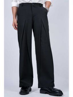 Perch - Black Solid Loose Fit Mid-Pleat Korean Pant