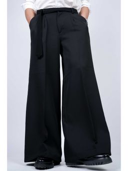 Perch - Black Solid Wide Leg Fit Belted Korean Pant