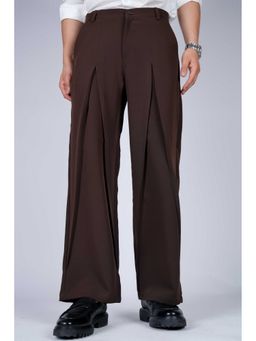 Perch - Brown Solid Loose Fit Mid-Pleat Korean Pant
