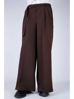 Perch - Brown Solid Wide Leg Fit Belted Korean Pant