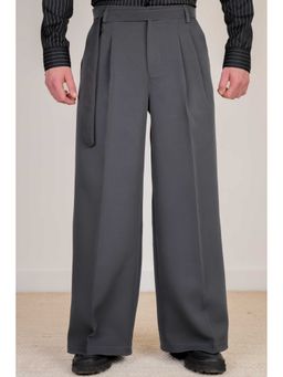 Perch - Dark Grey Solid Wide Leg Fit Belted Korean Pant