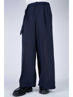 Perch - Navy Blue Solid Wide Leg Fit Belted Korean Pant