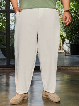 Instafab Plus - Off White Textured Relaxed Fit Casual Trouser