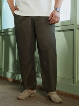 Instafab Plus - Dark Olive Green Solid Relaxed Fit Casual Trouser
