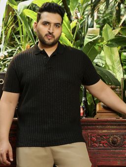 Instafab Plus - Black Textured Polo T-Shirt