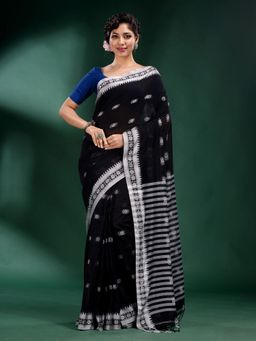 CHARUKRITI - Black Pure Cotton Handwoven Soft Saree with Unstitched Blouse