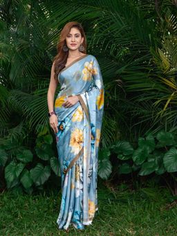 Beatitude - Blue Yellow Floral Satin Saree with Unstitched Blouse