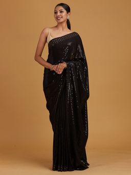 Koskii - Black Swarovski Semi Crepe Designer Saree with Unstitched Blouse