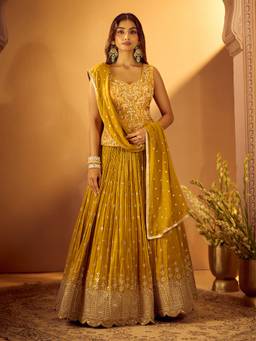 Samyukta Singhania - Yellow Tissue Sweetheart Neck Embroidered Choli with Lehenga and Dupatta