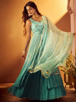 Samyukta Singhania - Blue Silk Embroidered Slit Kurta with Lehenga and Dupatta