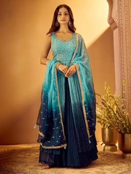 Samyukta Singhania - Blue Silk Embroidered Slit Kurta with Lehenga and Dupatta