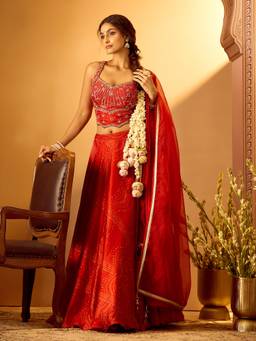 Samyukta Singhania - Red Tissue Sweetheart Neck Bandhani Choli with Lehenga and Dupatta