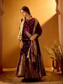 Samyukta Singhania - Wine Brocade Round Neck Floral Woven Anarkali Dress with Dupatta