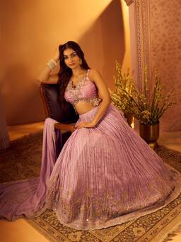 Samyukta Singhania - Purple Sweetheart Neck Embroidered Choli with Lehenga and Dupatta