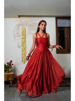 THE RIGHT CUT - Red Chanderi Silk Hand Embroidered Sharara With Top