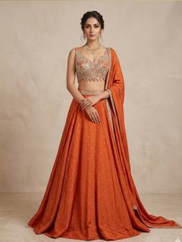 "Two Sisters" by Gyans - Orange Embellished Lehenga with Blouse and Dupatta