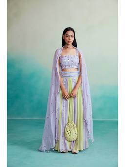 THE RIGHT CUT - Lime and Lavender Hand Embroidered Pleated Skirt with Top and Dupatta