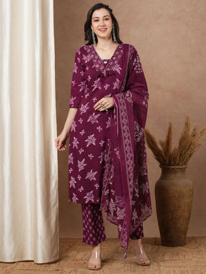 Burgundy Printed Straight Kurta Salwar With Dupatta