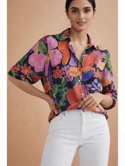 THREE-THREE - Black Floriva Floral Print Shirt