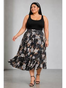 Beyond the Curve - VIRGIO - Floral Cotton Tiered Flared Plus Size Midi Skirt for Women