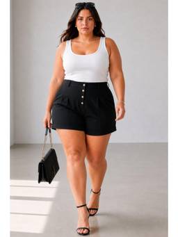 Beyond the Curve - VIRGIO - Solid Viscose Black Button-Front Plus Size Shorts for Women