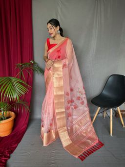 EXCLUSIVA - Peach Organza Pichwai Print Saree with Unstitched