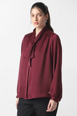 Van Heusen - Maroon Solid Full Sleeves Shirt with Neck Tie Up Detail