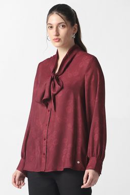 Van Heusen - Maroon Printed Full Sleeves Shirt with Neck Tie Up Detail