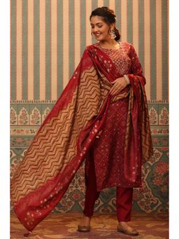 PIROH - Womens Bandhej Foil Print Modal Kurta Dupatta & Shantoon Trouser Red (Set of 3)