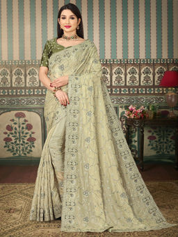 Odette - Cream Fancy Embroidered Saree with Unstitched Blouse