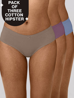 Nykd by Nykaa - PO3 Mid Rise Cotton Hipster Panty with Inner Elastic-C.Blue,L Brown,Berry C-NYP100