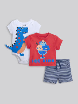 Hopscotch - 3-Pc Dino Applique Onesie, T-shirt & Shorts