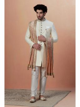 Manyavar - Coral Pink Pleated Jacquard Dupatta