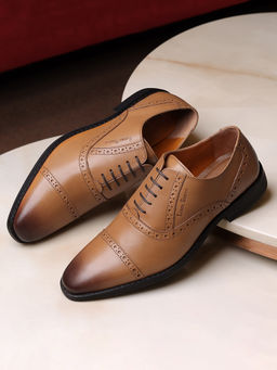 Louis Stitch - Men Perforated Wingtip Premium Leather Formal Oxfords Tan (Set of 4)