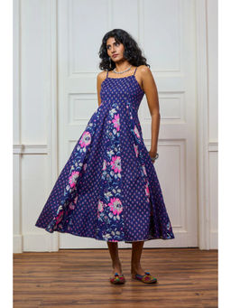 Tanoti - Women Square Neck Sleeveless Blue Cotton Dress