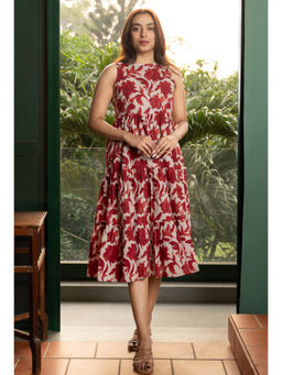 GulaboSitabo - Maroon White Pure Cotton Abstract Floral Dress