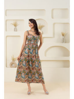 GulaboSitabo - Olive Sleeveless Pure Cotton Printed Sweet Heart Dress