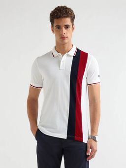Arrow Sports - Men's White Vertical Striped Pure Cotton Polo T-shirt
