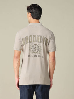U.S. Polo Assn. Denim Co. - Men's Beige Muscle Fit Typographic Printed Polo T-shirt